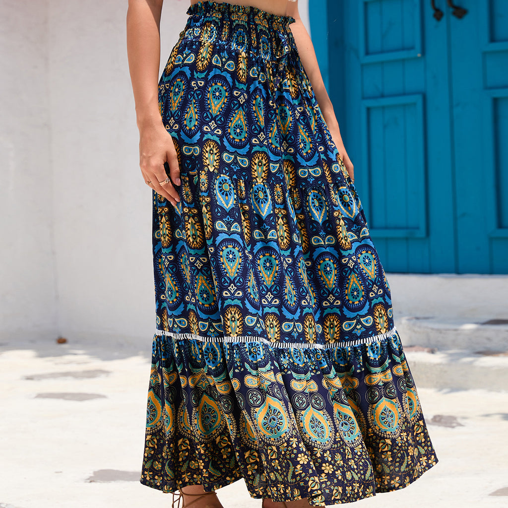 Boho Paisley Print Tiered Maxi Skirt - Navy Blue - 3