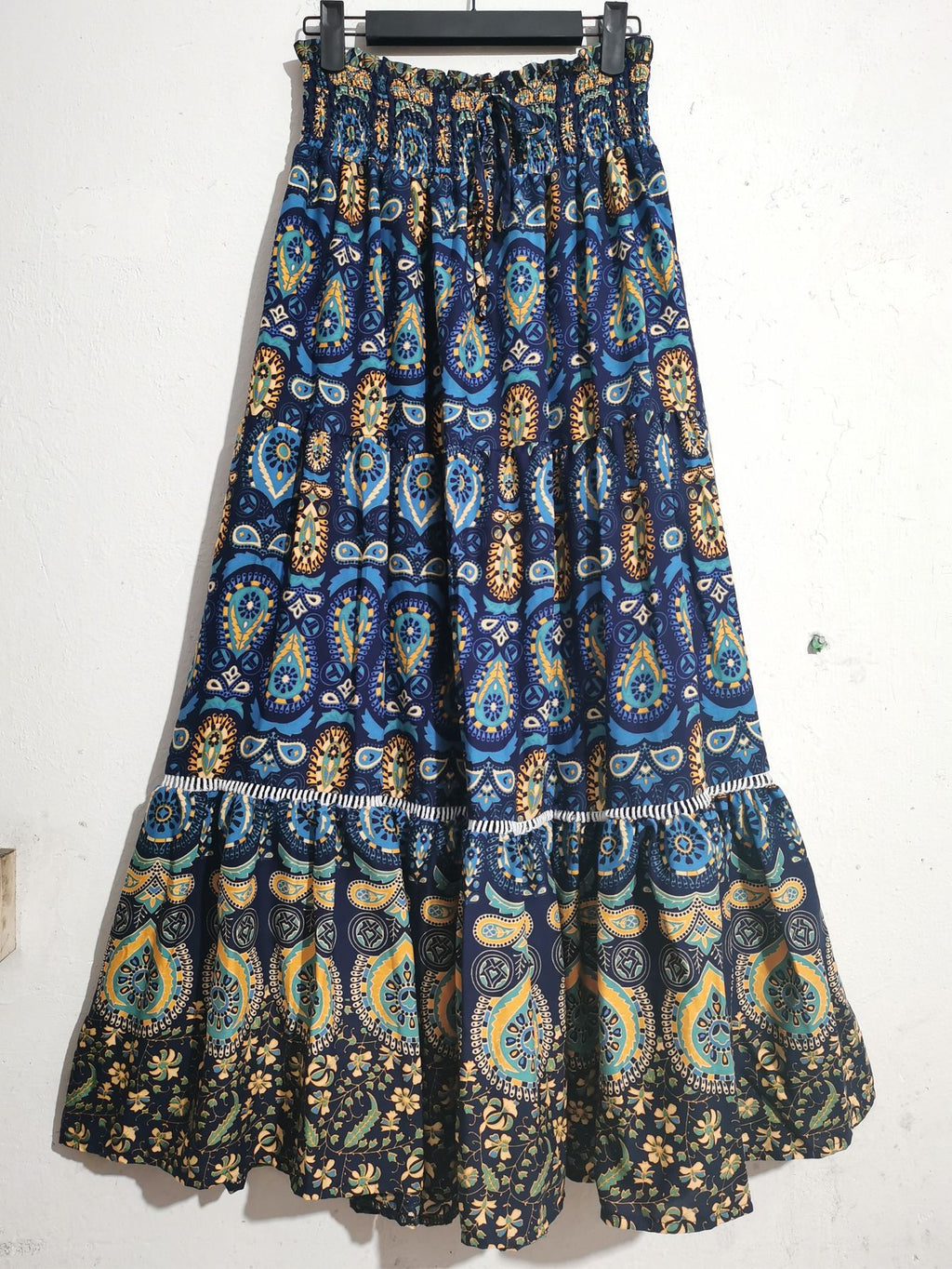 Boho Paisley Print Tiered Maxi Skirt - Navy Blue - 5