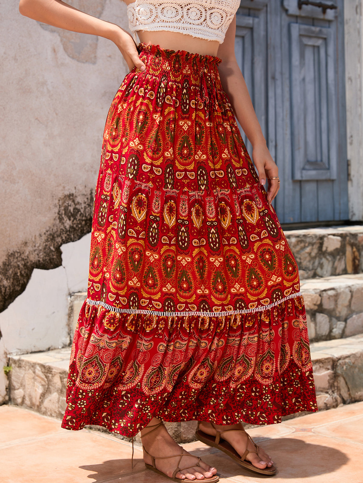 Boho Paisley Print Tiered Maxi Skirt - Red