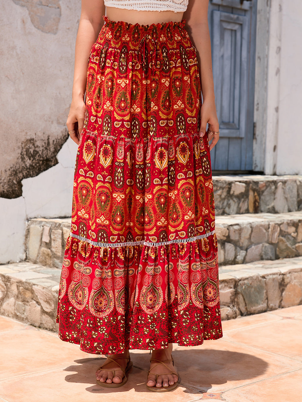 Boho Paisley Print Tiered Maxi Skirt - Red - 1