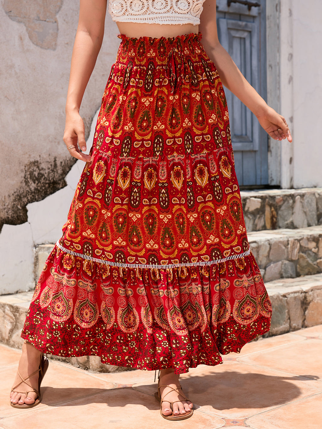 Boho Paisley Print Tiered Maxi Skirt - Red - 2