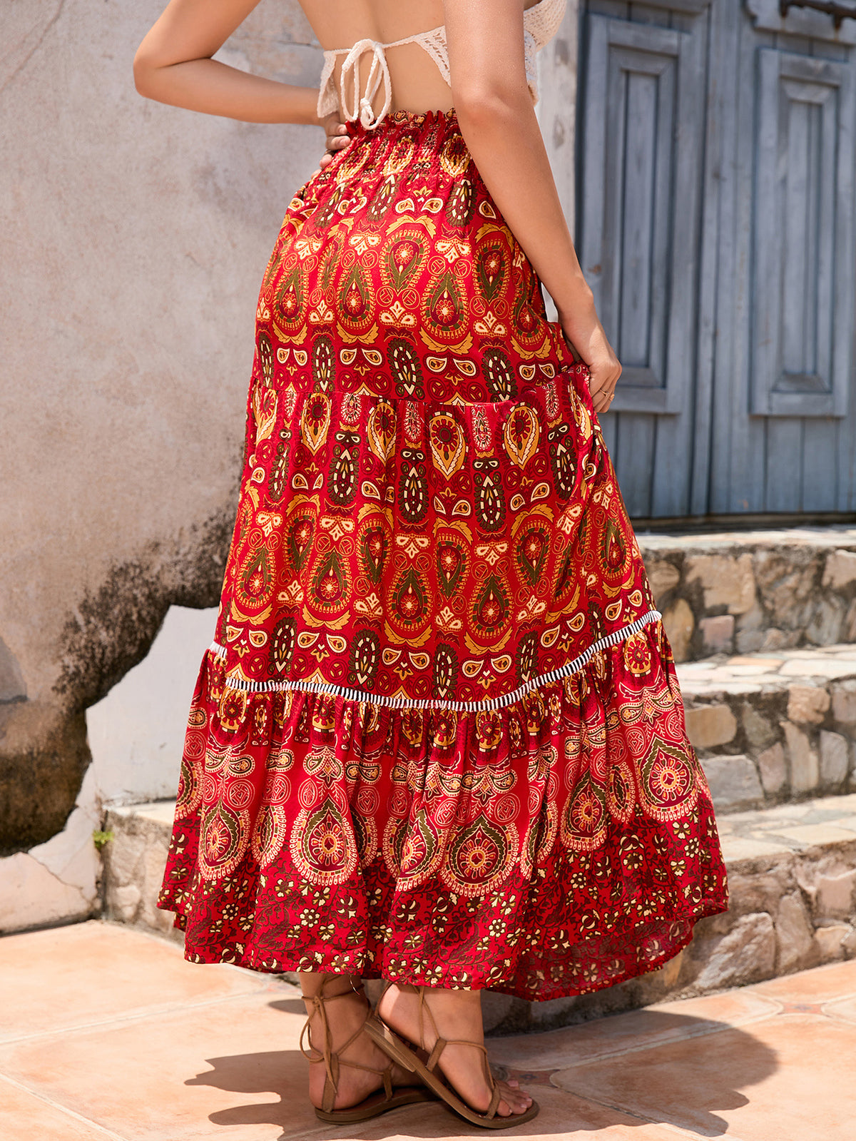 Boho Paisley Print Tiered Maxi Skirt - Red - 3