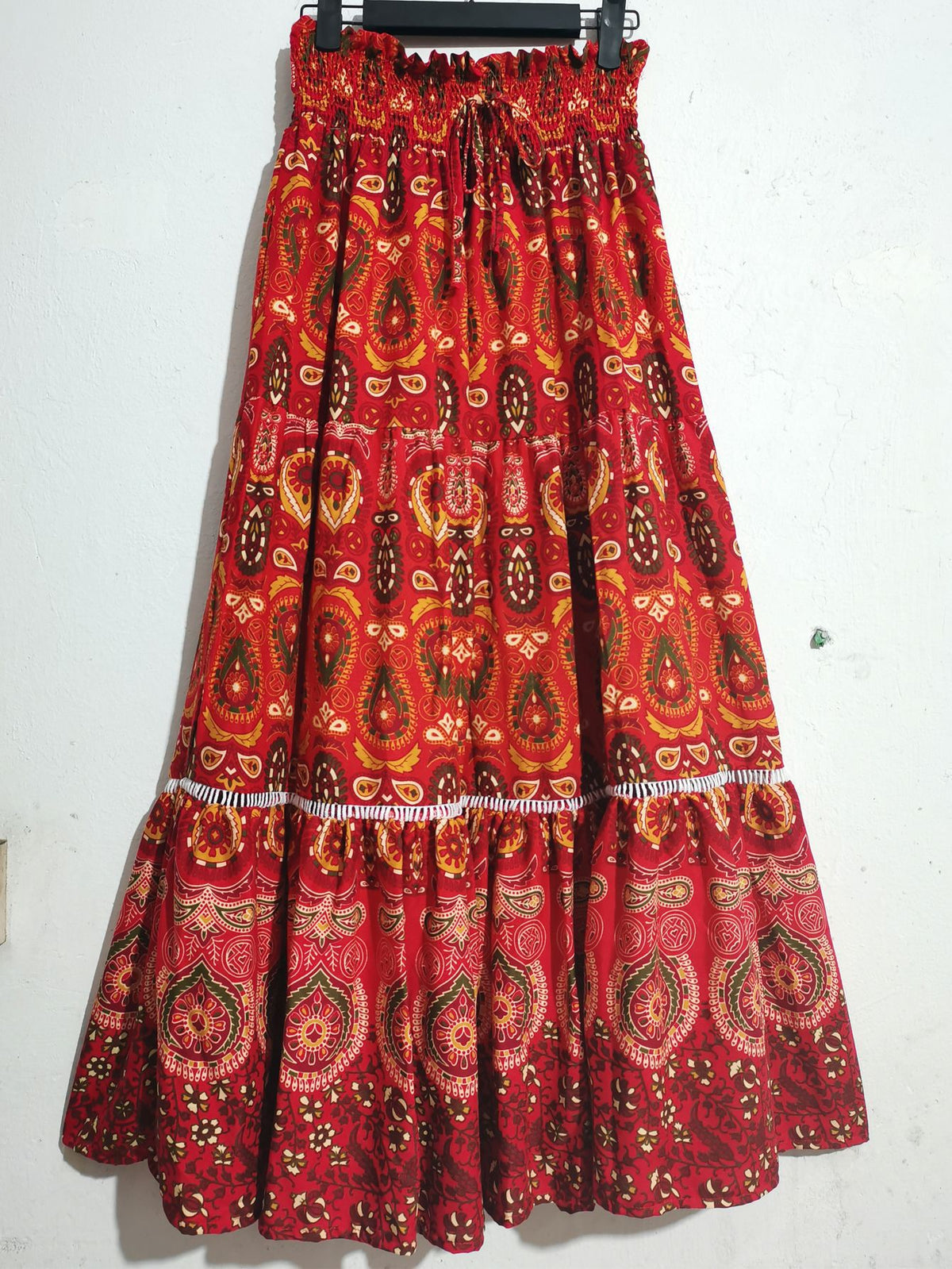 Boho Paisley Print Tiered Maxi Skirt - Red - 4