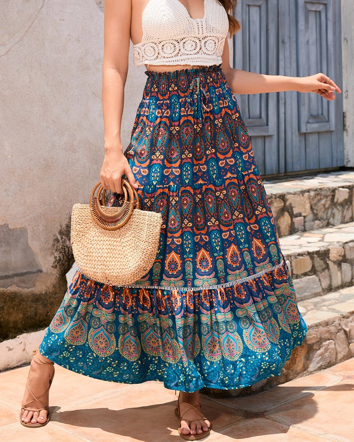 Boho Paisley Print Tiered Maxi Skirt