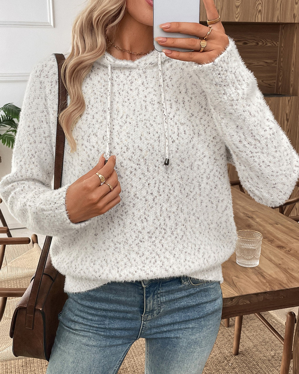 Speckled Knit Pullover Sweater With Drawstring Hood - Off-White - 1