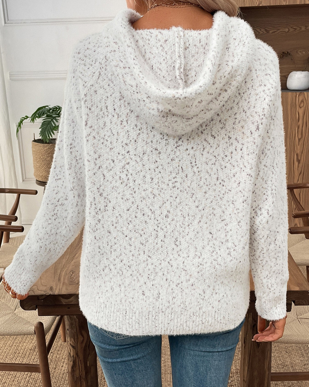 Speckled Knit Pullover Sweater With Drawstring Hood - Off-White - 3