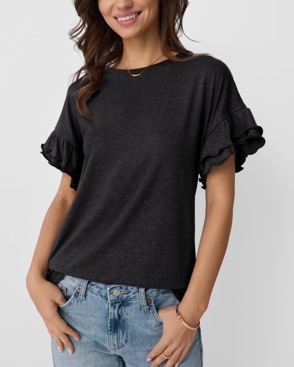 Layered Flutter Sleeve Crewneck Tee - Black