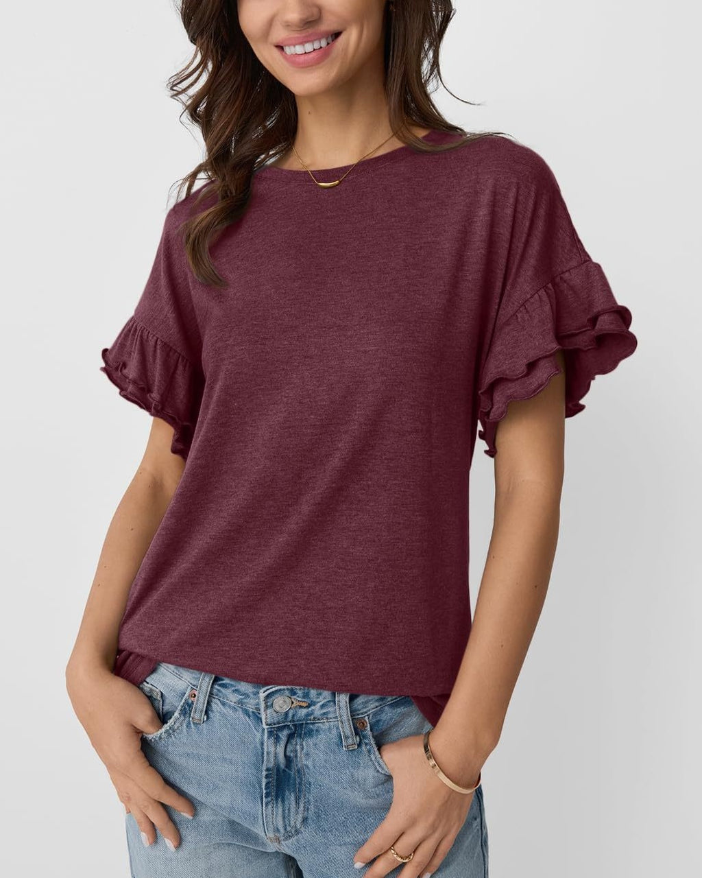 Layered Flutter Sleeve Crewneck Tee - DeepRed
