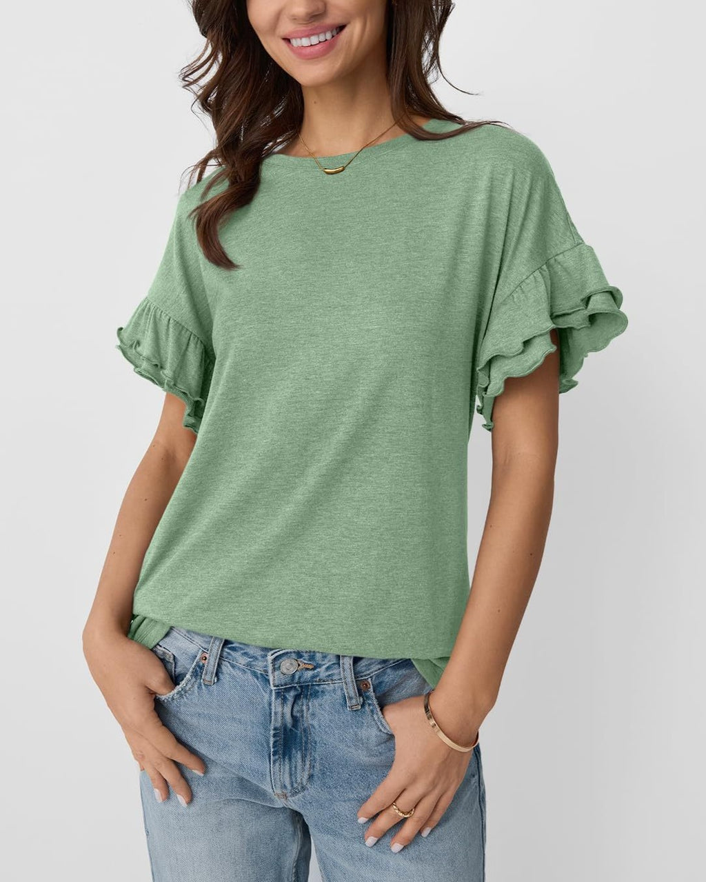 Layered Flutter Sleeve Crewneck Tee - Green