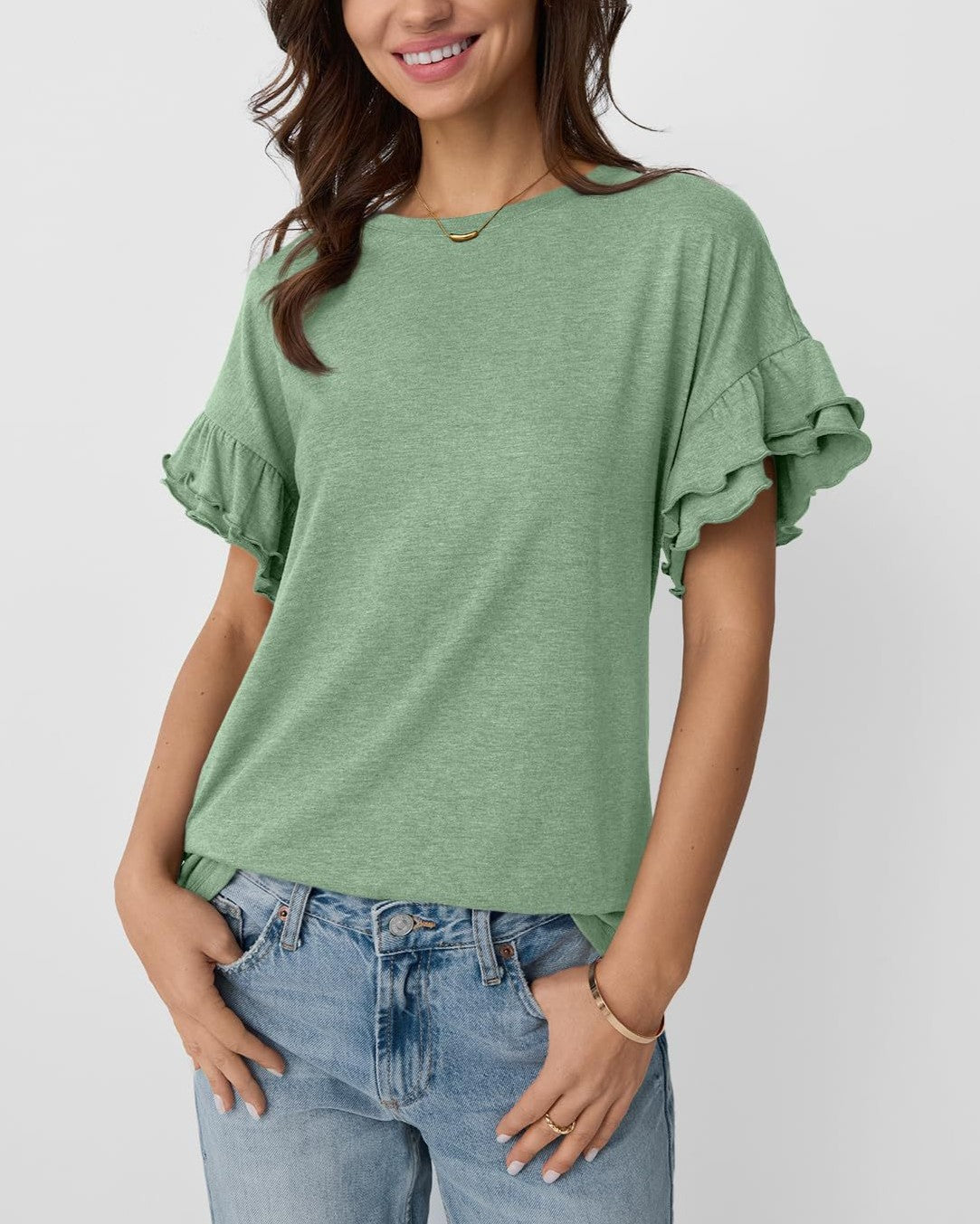 Layered Flutter Sleeve Crewneck Tee - Green