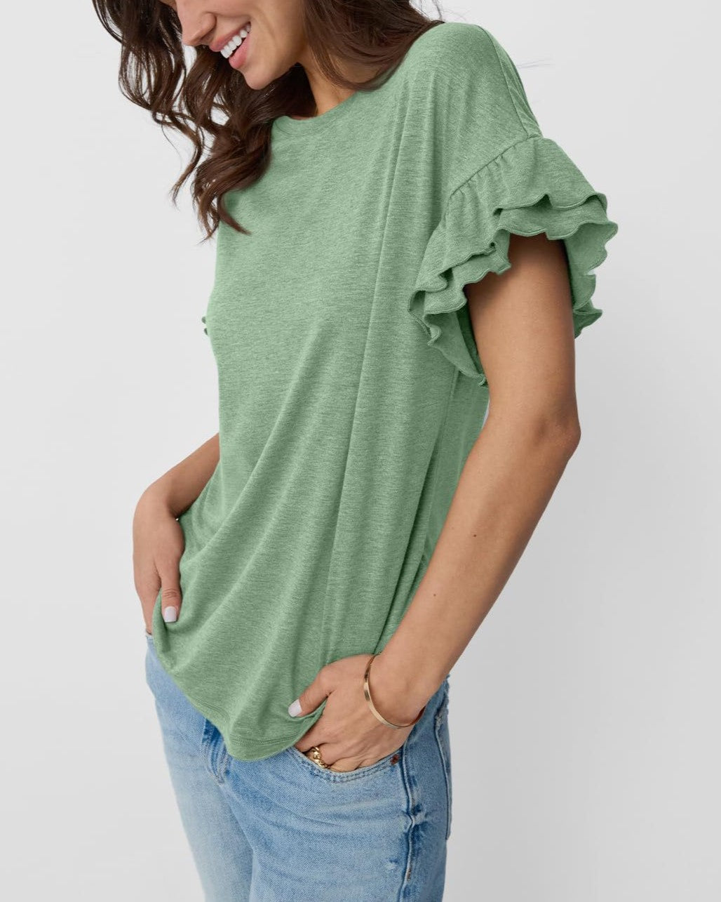 Layered Flutter Sleeve Crewneck Tee - Green - 1