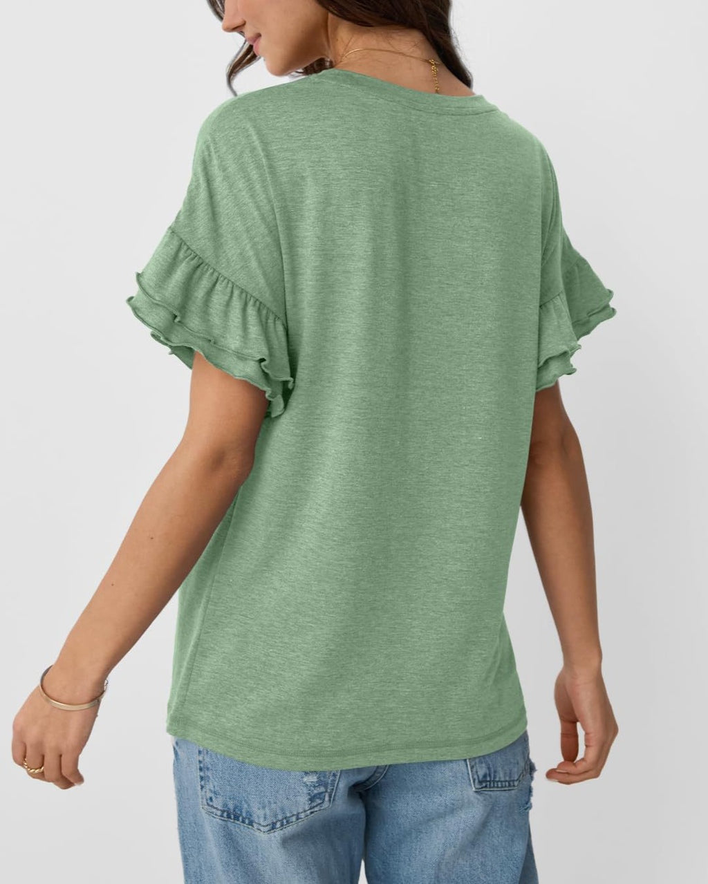 Layered Flutter Sleeve Crewneck Tee - Green - 2