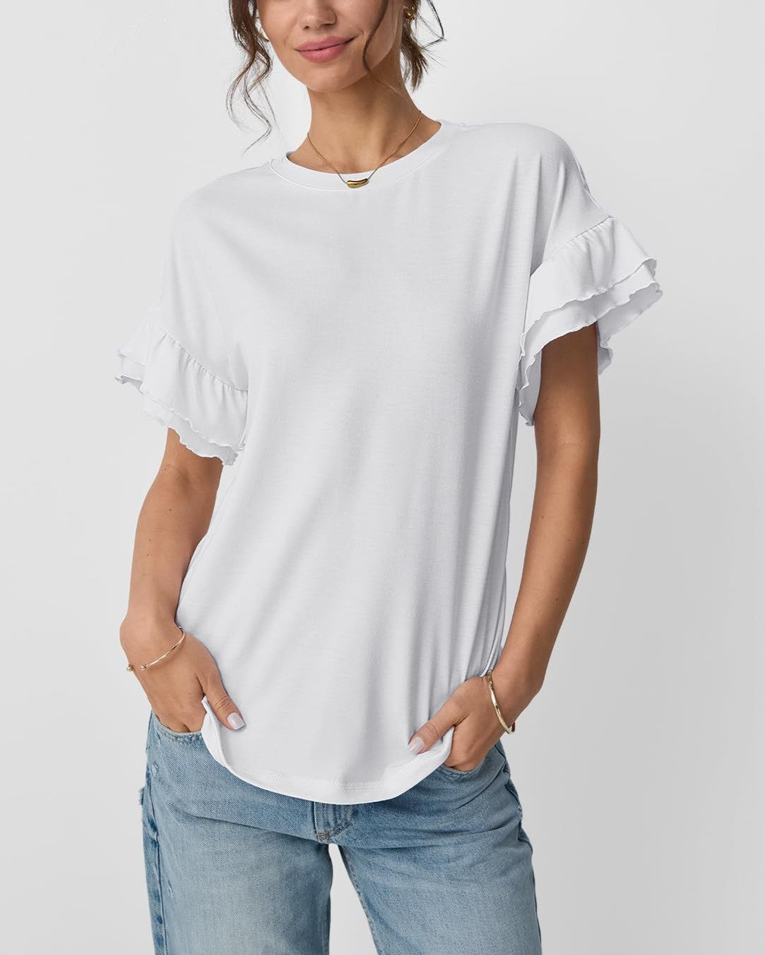 Layered Flutter Sleeve Crewneck Tee - White