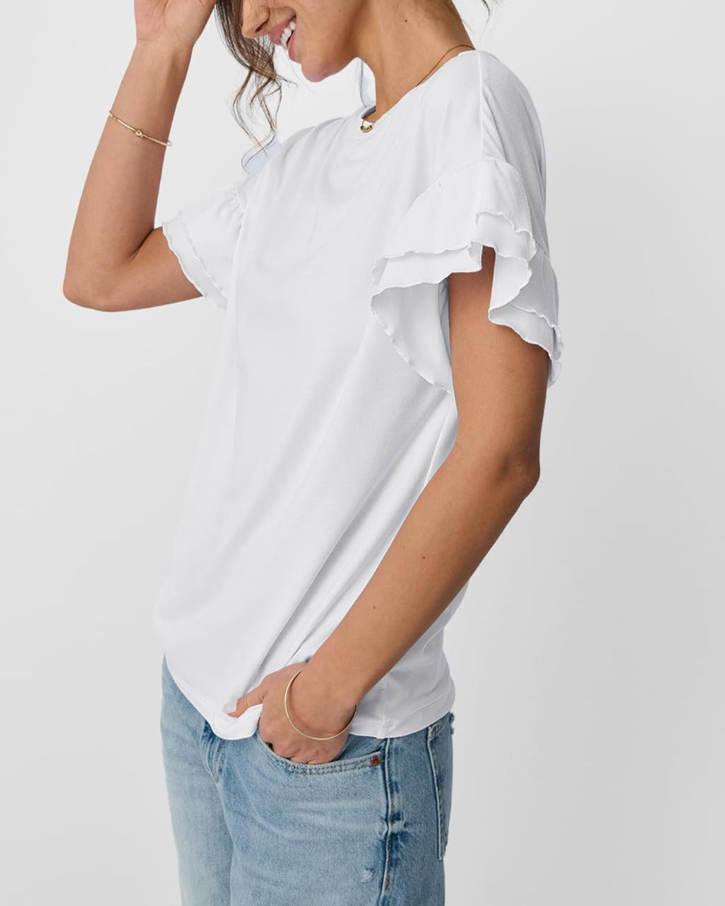 Layered Flutter Sleeve Crewneck Tee - White - 2