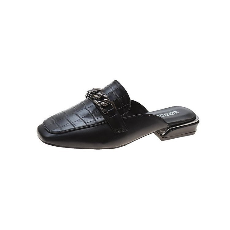 Croc Embossed Chain Loafer Mules - Black