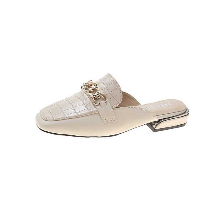 Croc Embossed Chain Loafer Mules - Cream