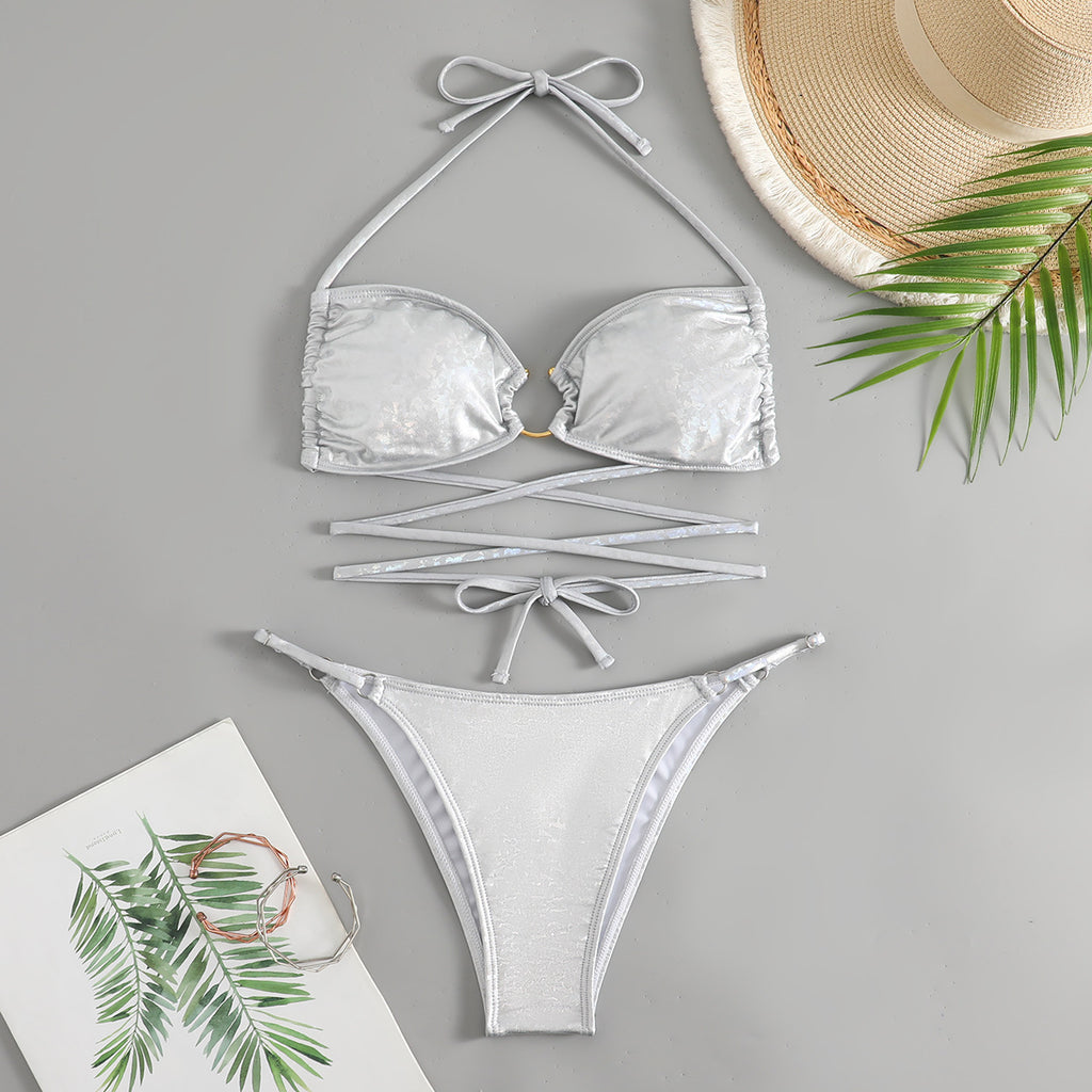 Ring Detail Lace Up Halter Bikini Set - White - 3