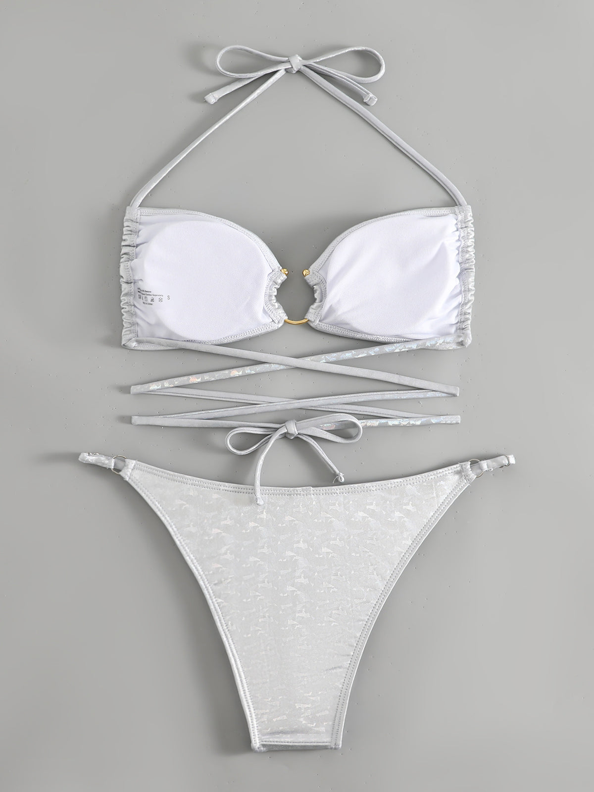 Ring Detail Lace Up Halter Bikini Set - White - 4