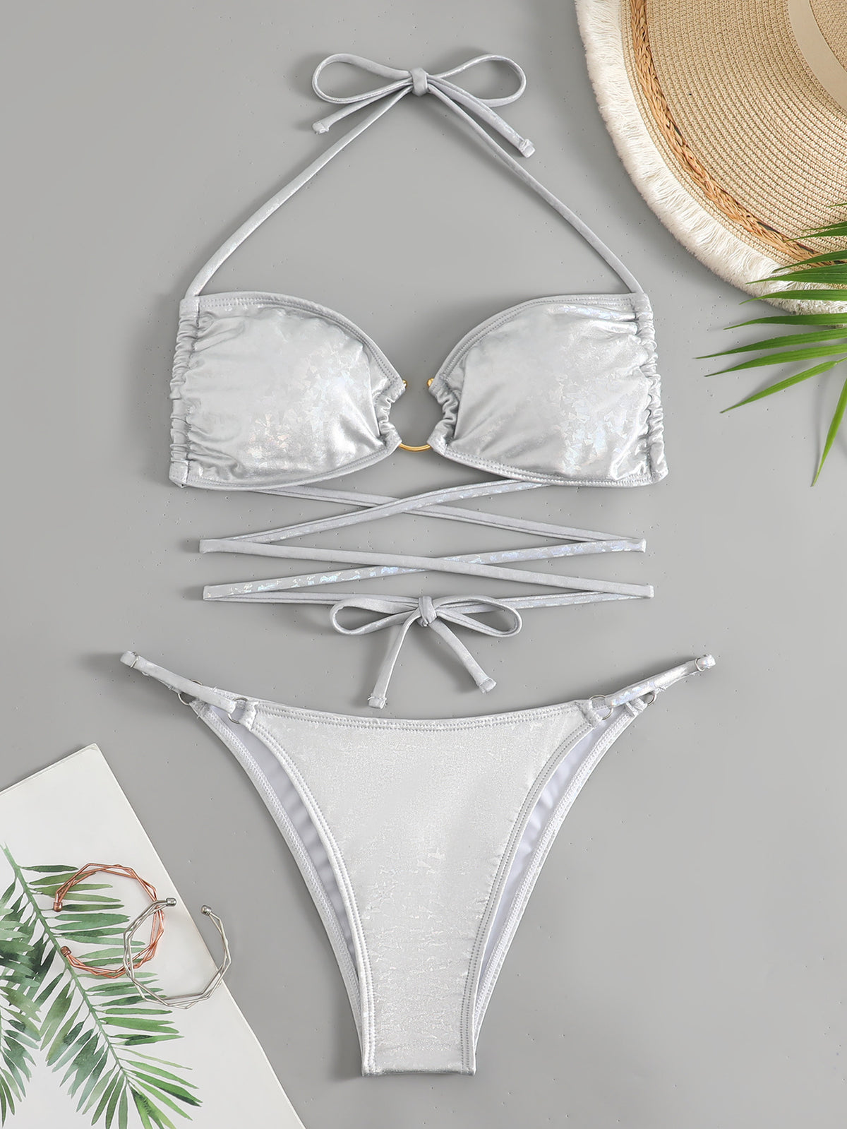 Ring Detail Lace Up Halter Bikini Set - White - 5