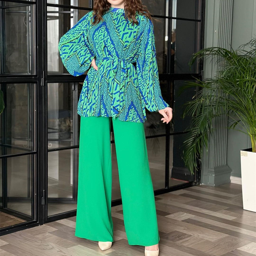 Puff Sleeve Wrap Blouse And Wide Leg Pants Set - Green