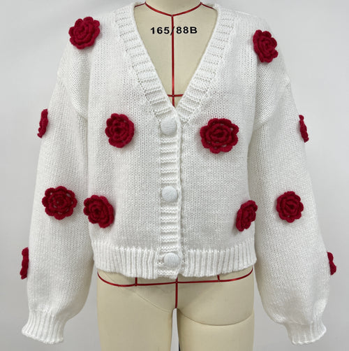 3D Rose Applique V Neck Knit Cardigan - White