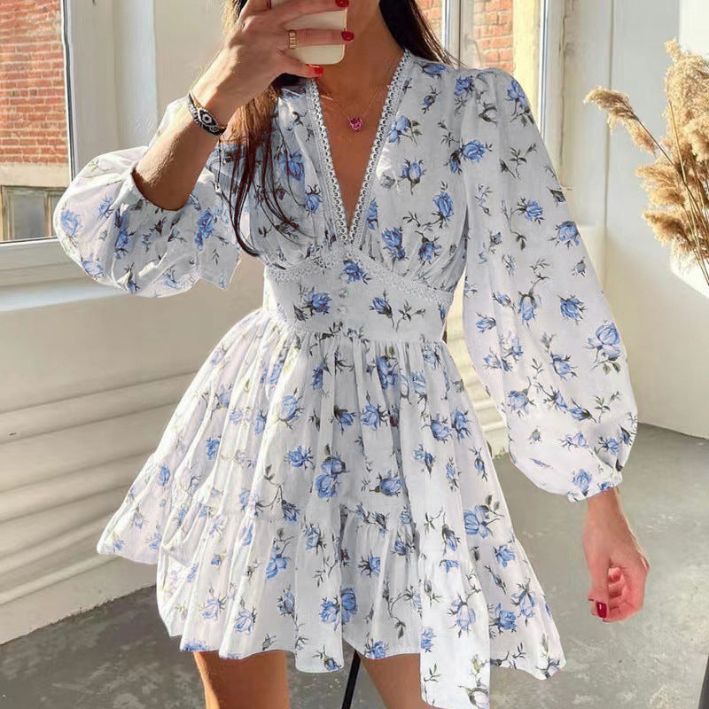 Floral Puff Sleeve Tiered Mini Dress - Blue