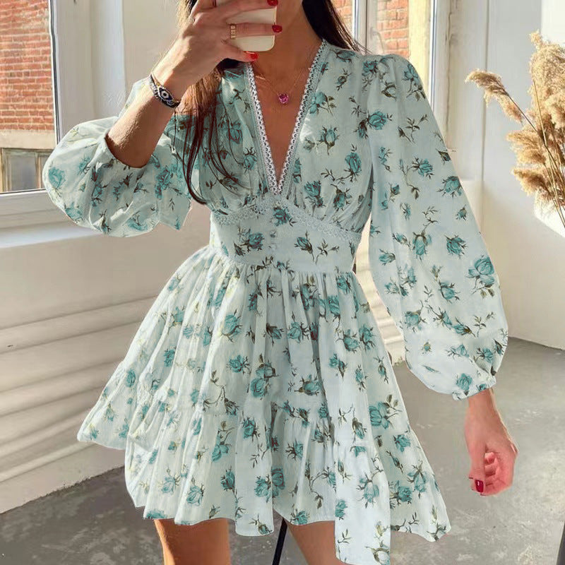 Floral Puff Sleeve Tiered Mini Dress - Green