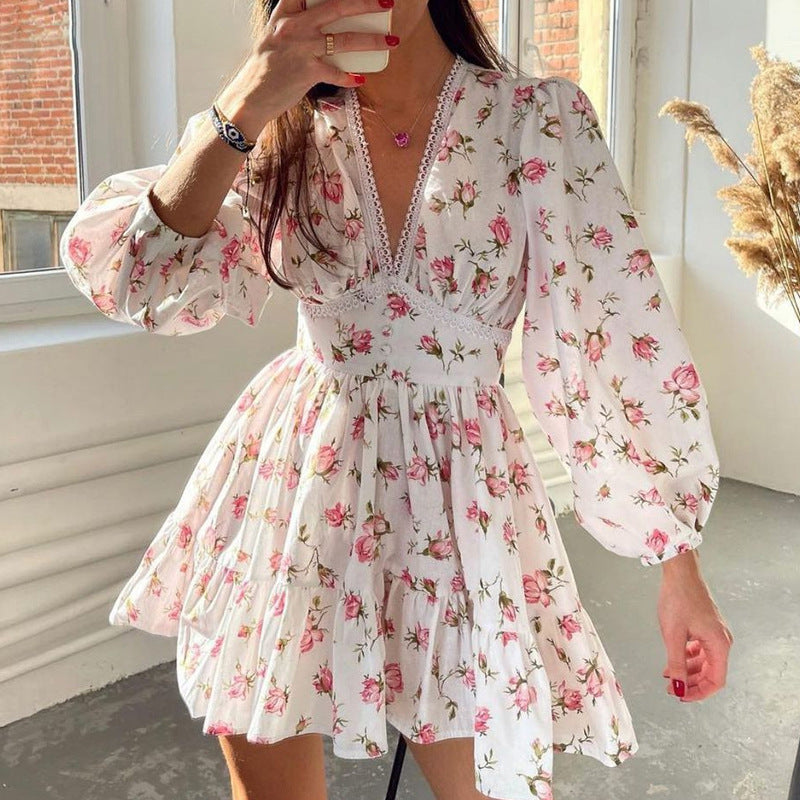 Floral Puff Sleeve Tiered Mini Dress - Pink