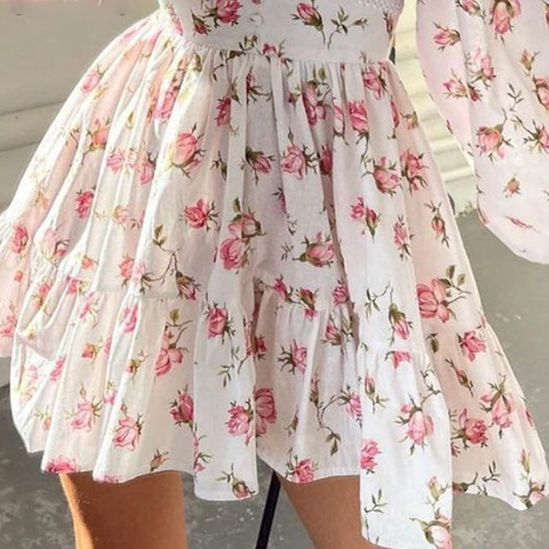 Floral Puff Sleeve Tiered Mini Dress - Pink - 1