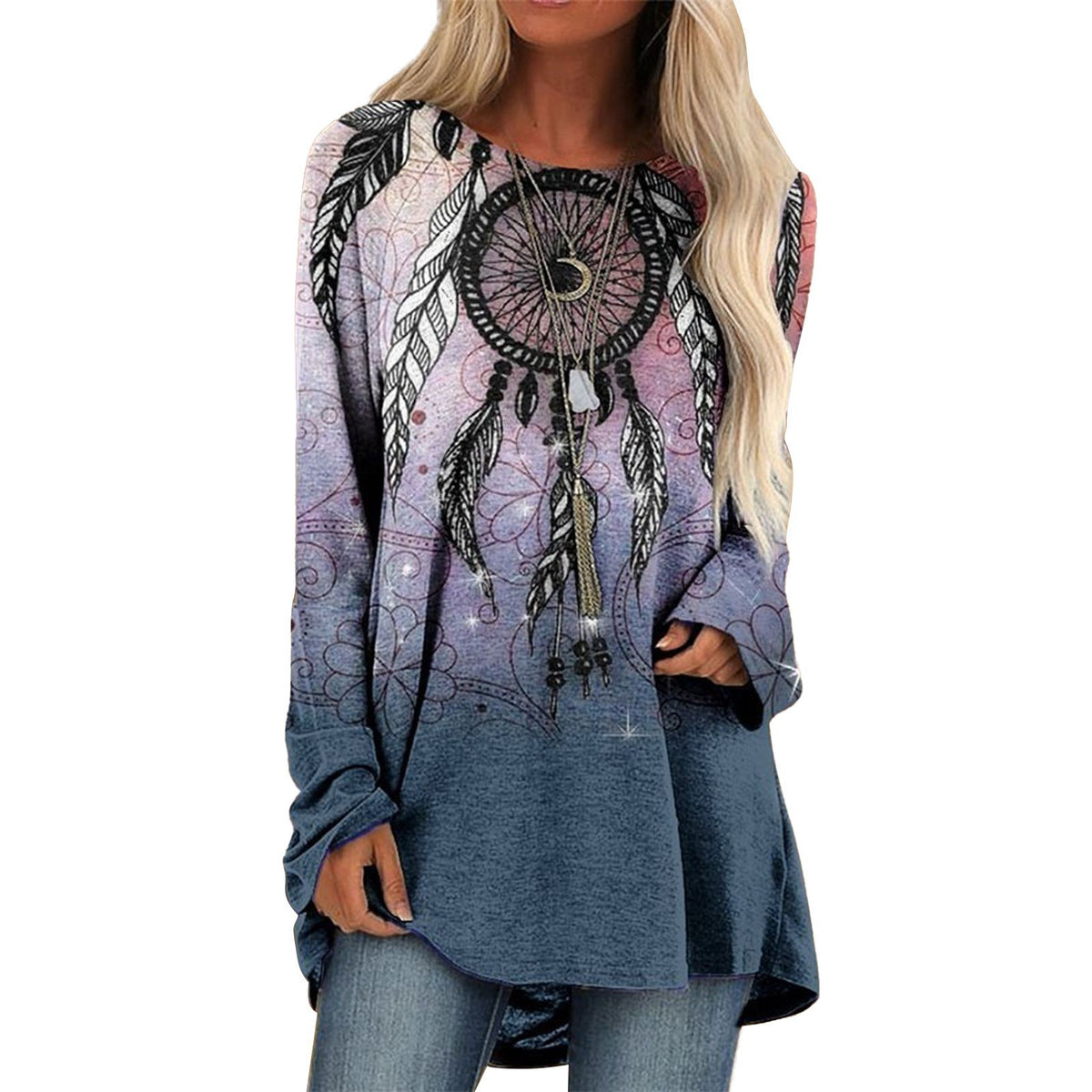 Western Print Long Sleeve Tunic Tee - Color_01