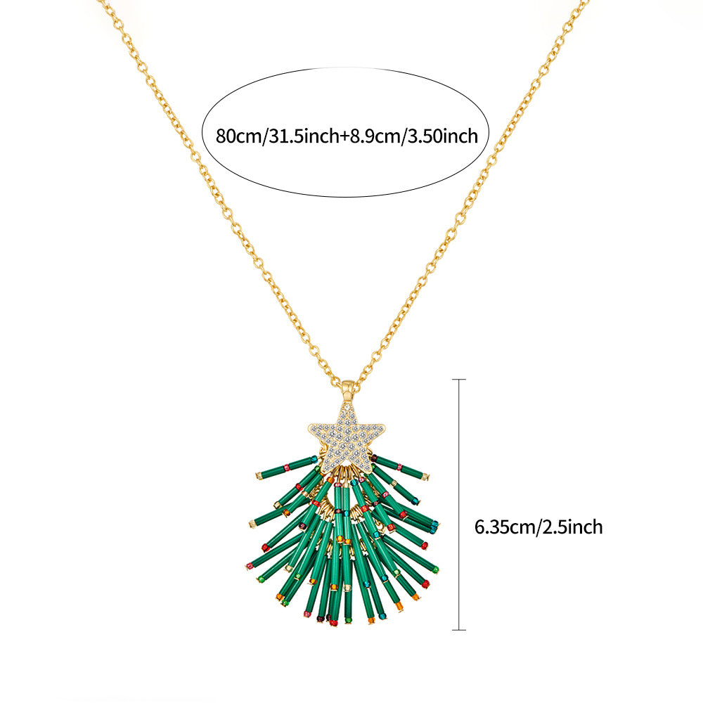 Beaded Christmas Tree Pendant Necklace - Green