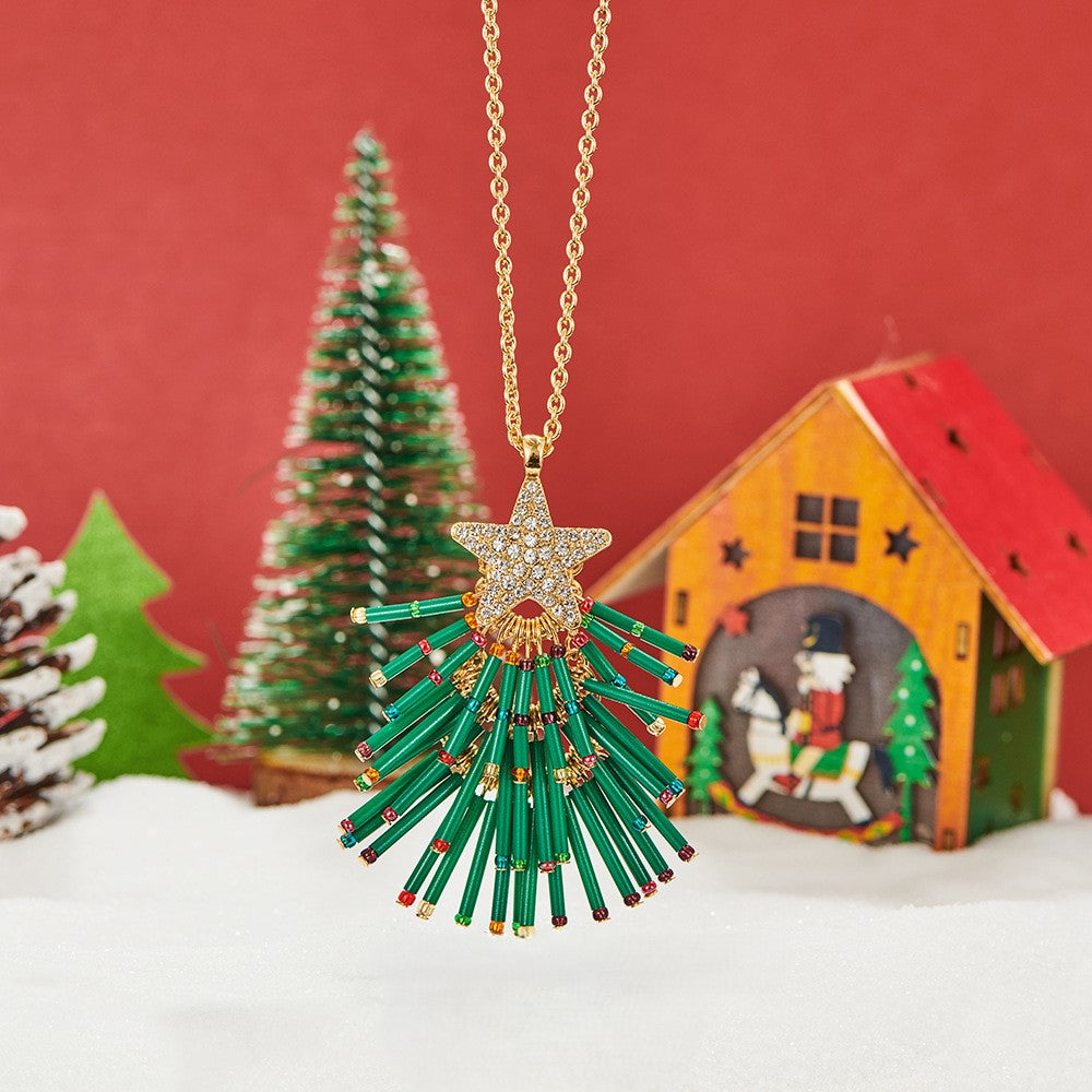 Beaded Christmas Tree Pendant Necklace - Green - 2