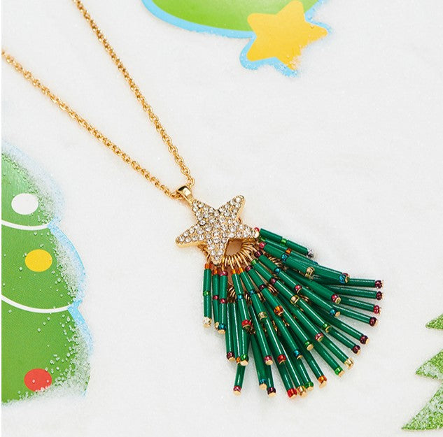 Beaded Christmas Tree Pendant Necklace - Green - 3