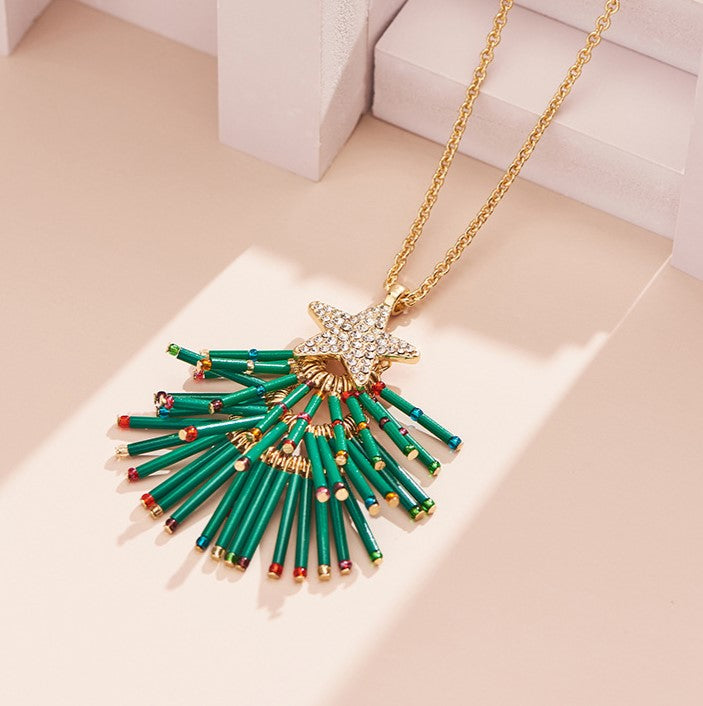 Beaded Christmas Tree Pendant Necklace - Green - 4