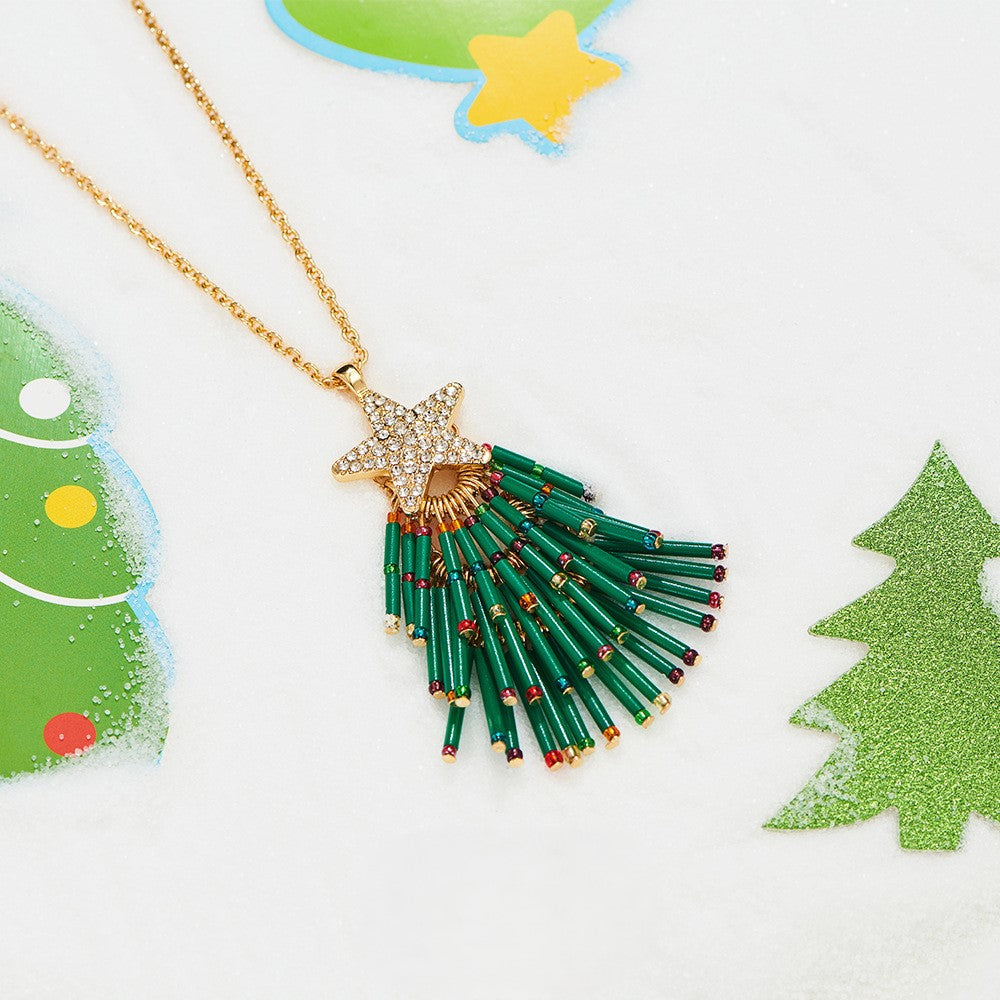 Beaded Christmas Tree Pendant Necklace - Green - 5