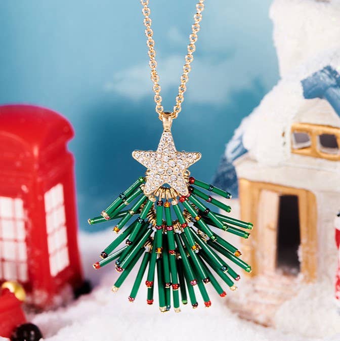 Beaded Christmas Tree Pendant Necklace