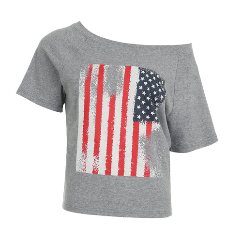 Americana Flag Print Off Shoulder Tee - Grey