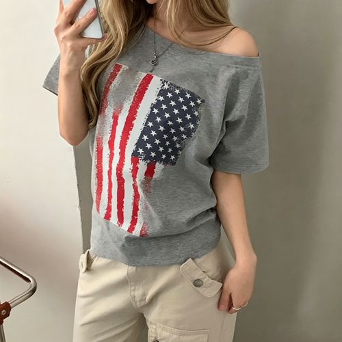 Americana Flag Print Off Shoulder Tee