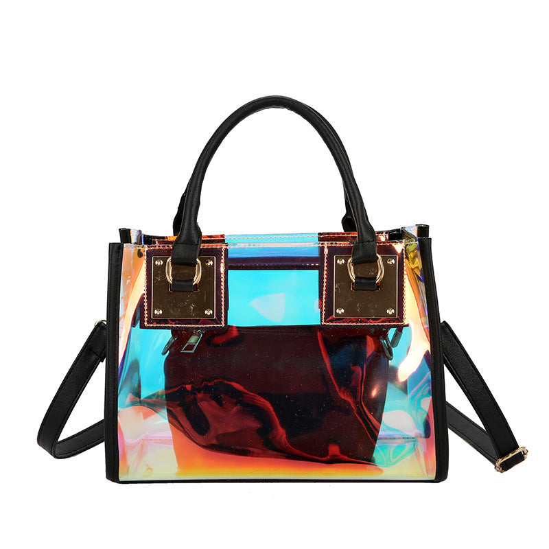 Iridescent Holographic PVC Top Handle Bag - Black