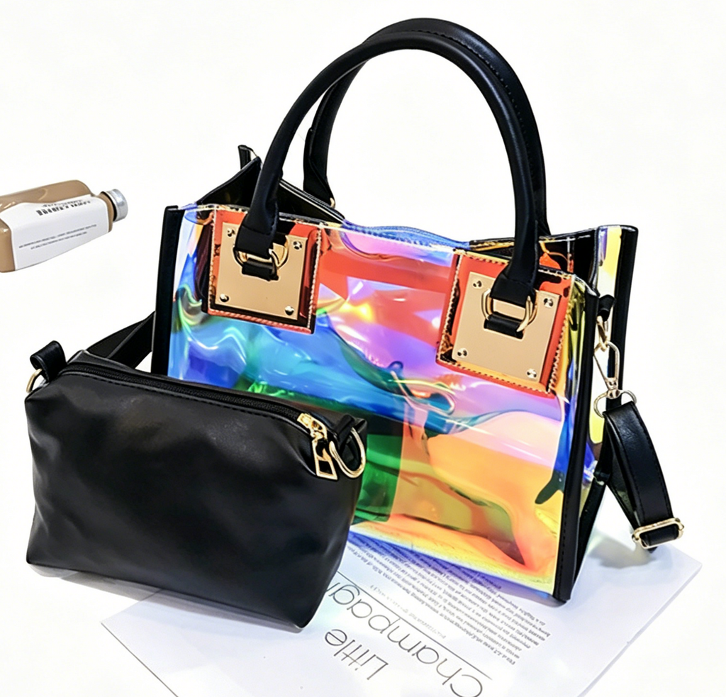 Iridescent Holographic PVC Top Handle Bag - Black - 1