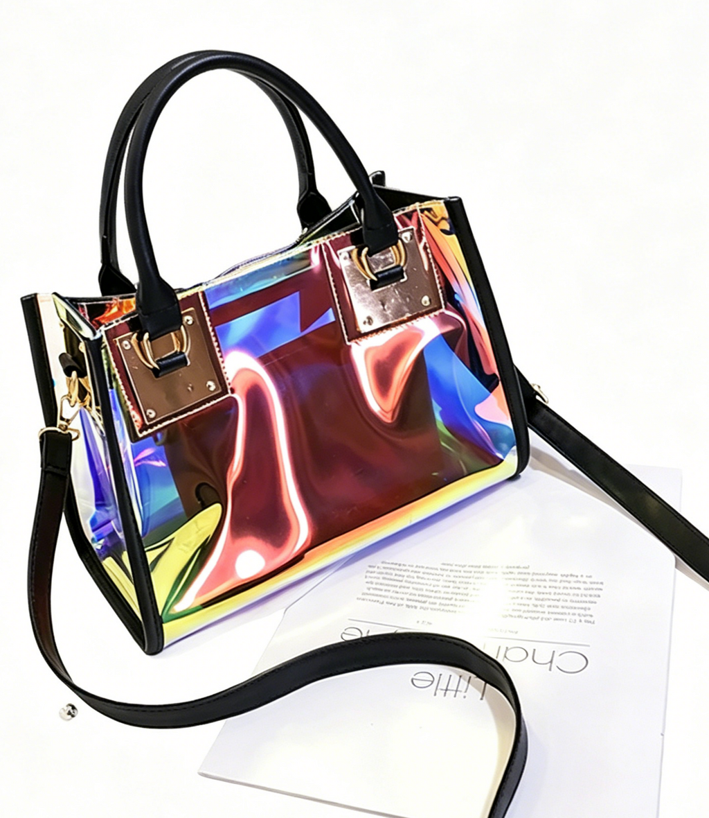 Iridescent Holographic PVC Top Handle Bag - Black - 2