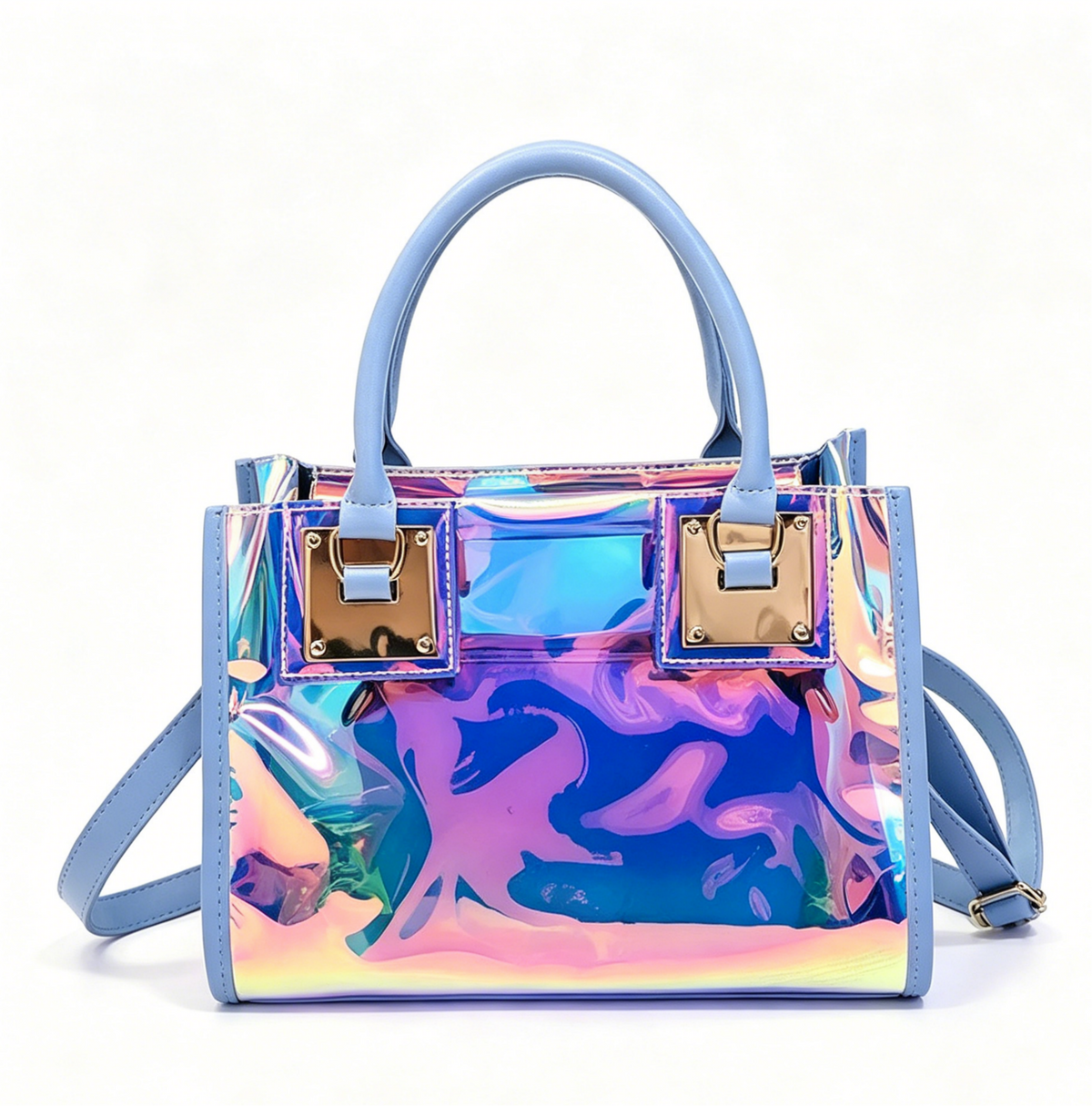 Iridescent Holographic PVC Top Handle Bag - Blue