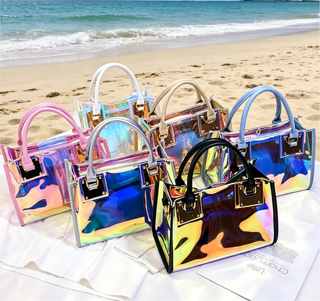 Iridescent Holographic PVC Top Handle Bag - Pink