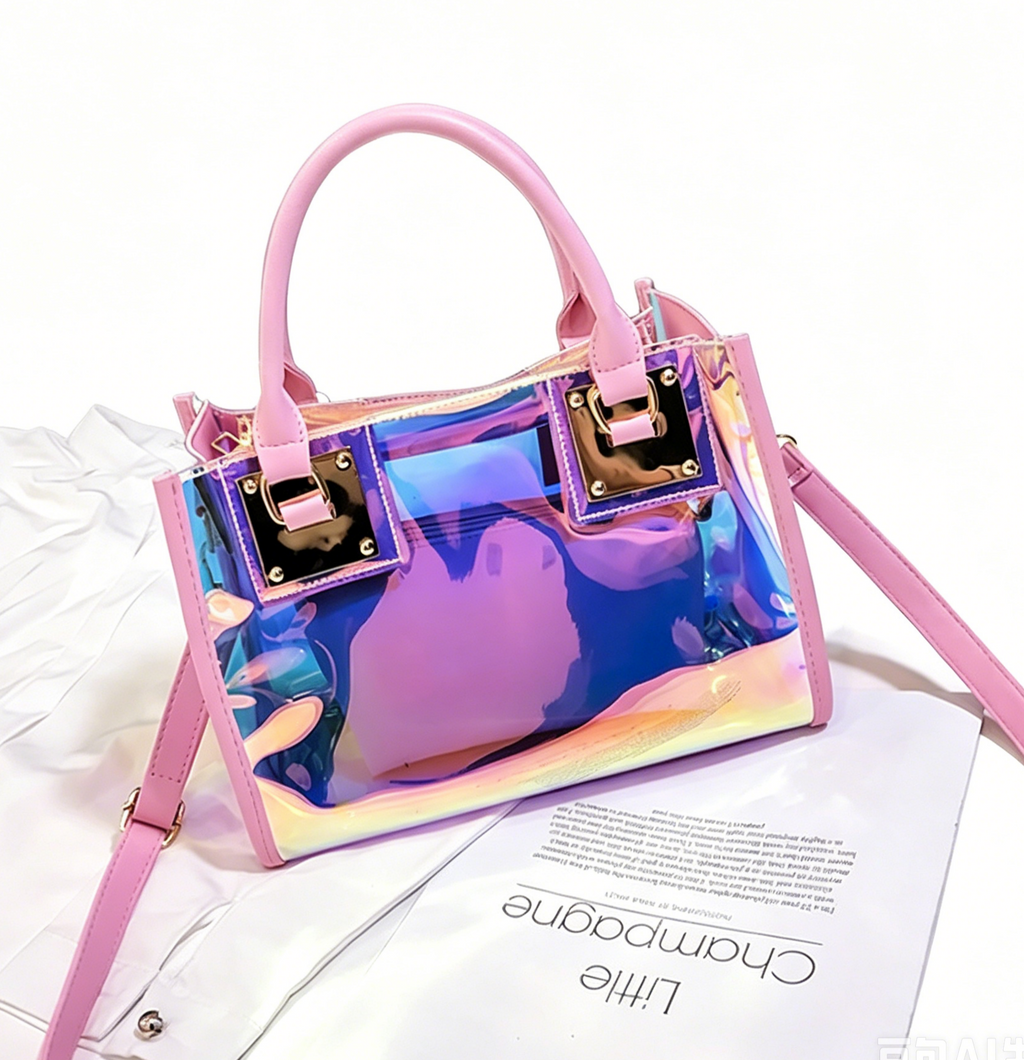 Iridescent Holographic PVC Top Handle Bag - Pink - 1