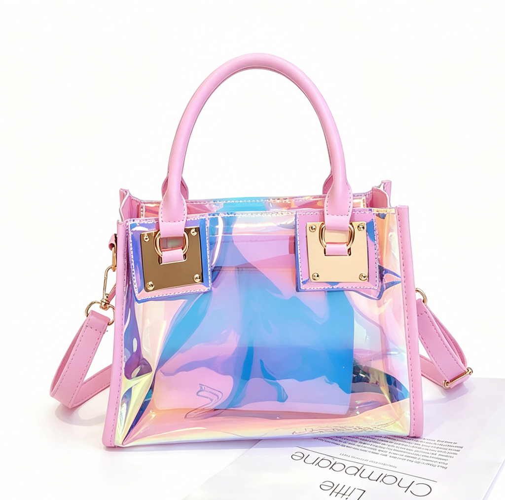 Iridescent Holographic PVC Top Handle Bag - Pink - 4