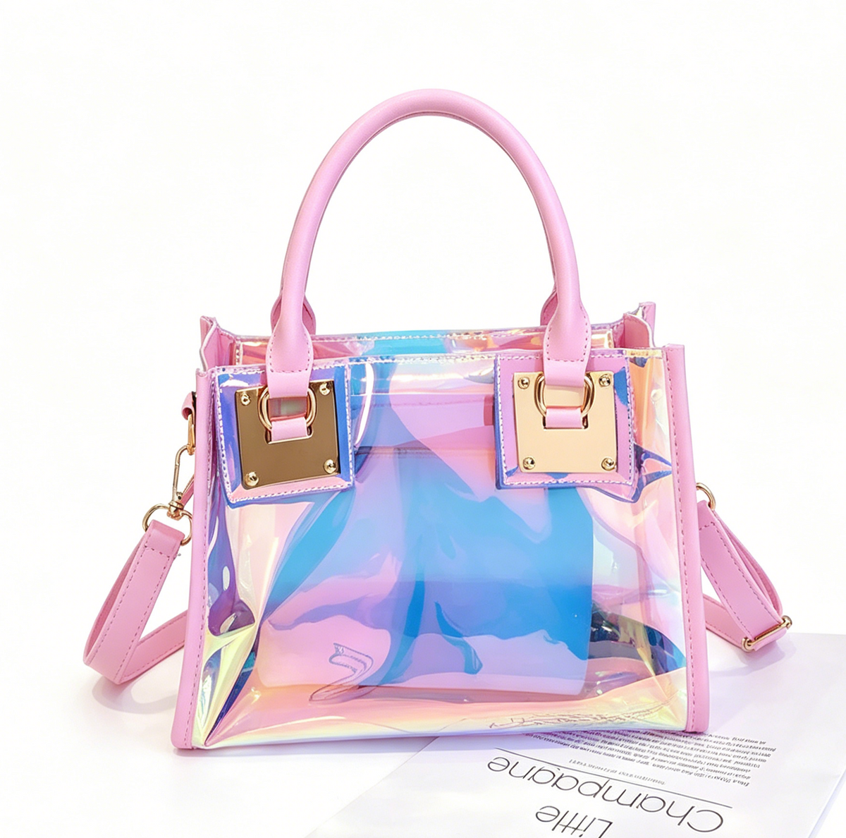 Iridescent Holographic PVC Top Handle Bag - Pink - 4