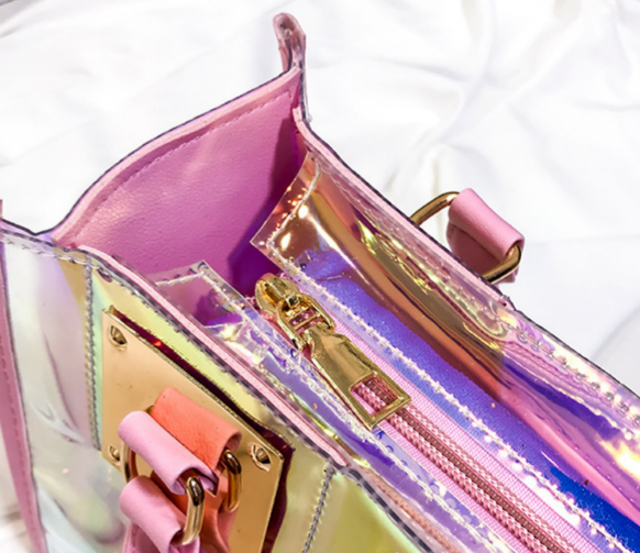 Iridescent Holographic PVC Top Handle Bag - Pink - 5