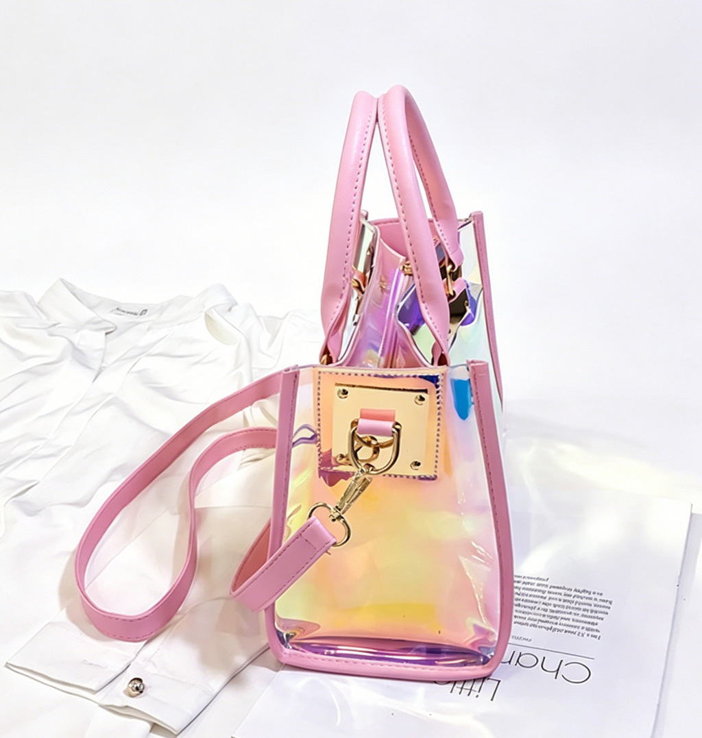 Iridescent Holographic PVC Top Handle Bag - Pink - 6