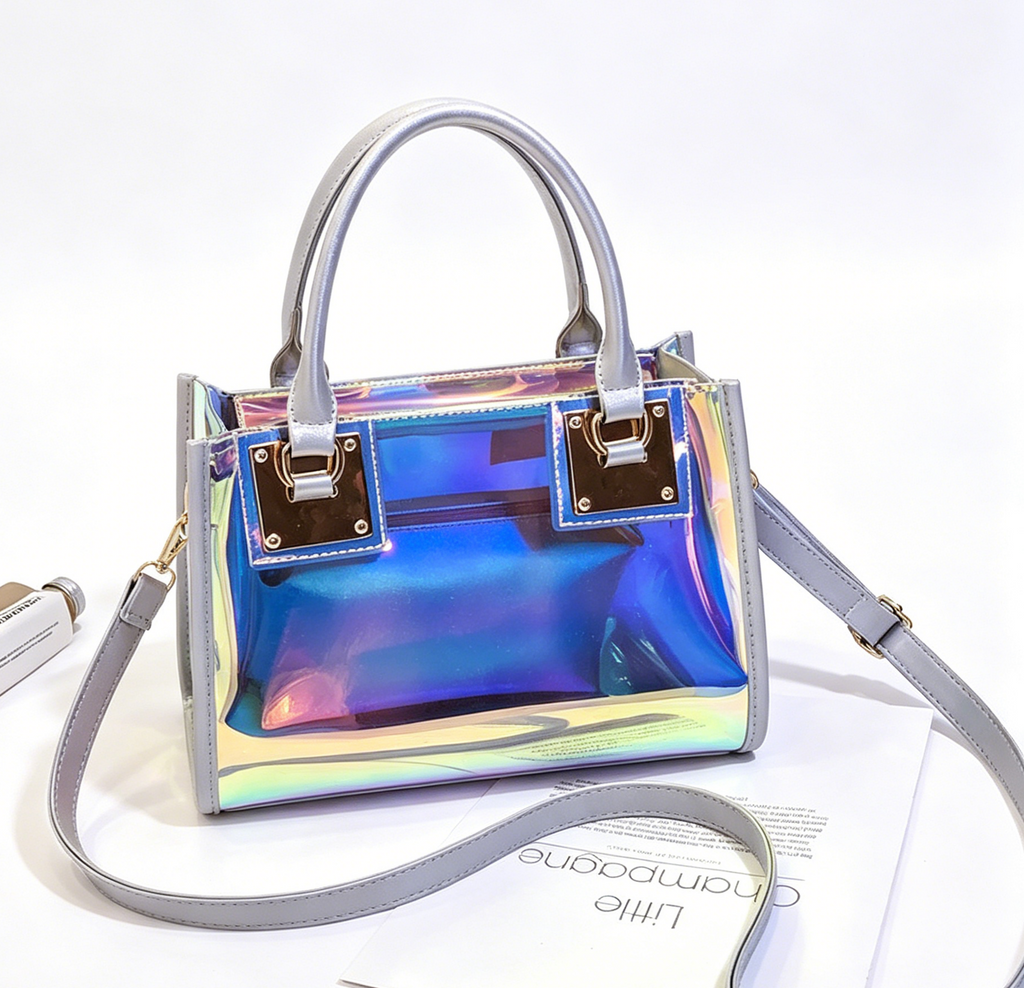 Iridescent Holographic PVC Top Handle Bag - Silver