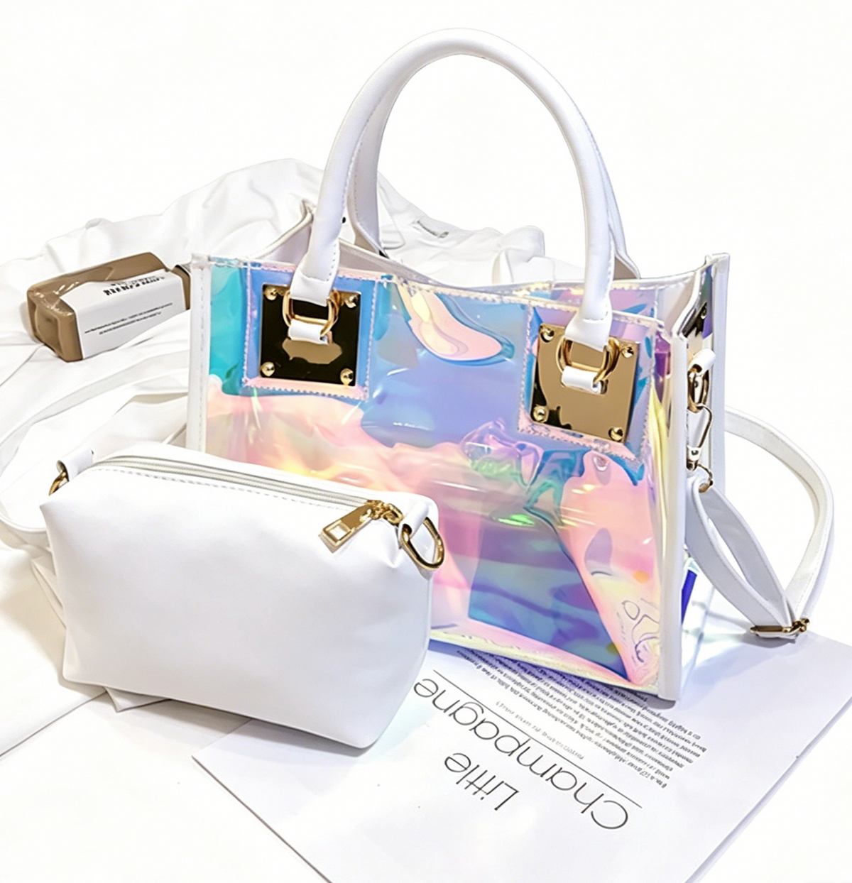 Iridescent Holographic PVC Top Handle Bag - White - 1